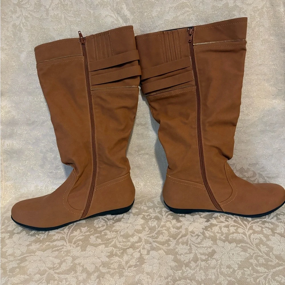 Comfortview Tan Double Buckle Faux Suede Knee Boots